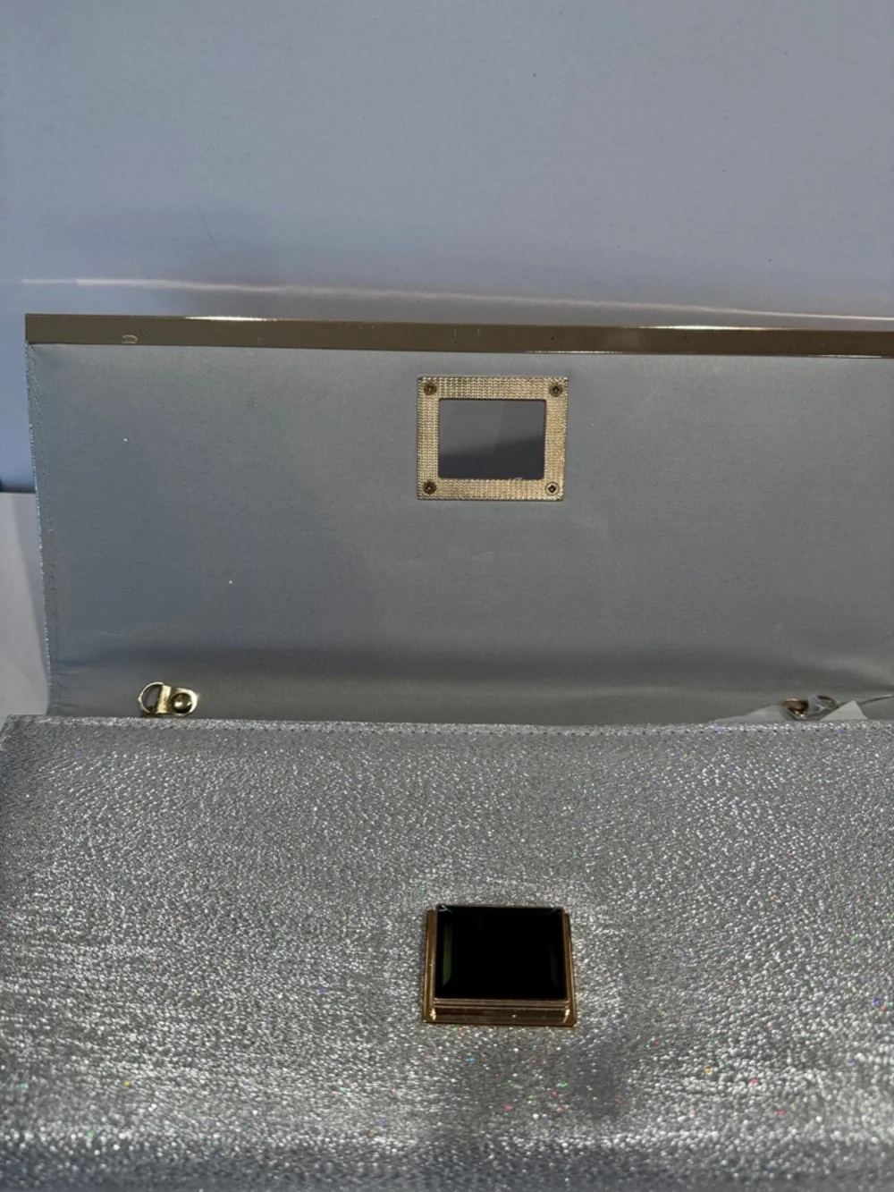 D’margeaux Silver Metallic Evening Clutch or crossbody with Gem closure Accent - Picture 5 of 9